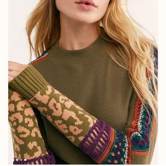 Free People Army Green Switch It Up Boho Thermal Cuff Top Size XS - Picture 1 of 8